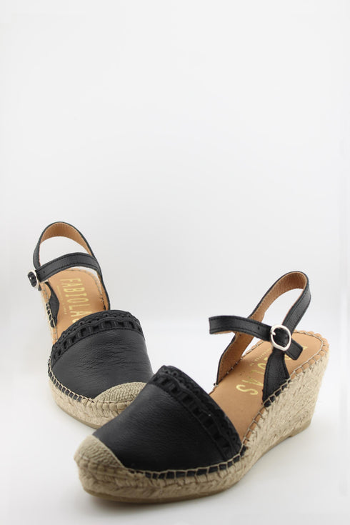 Fabiolas Leather Espadrille Wedge with Scalloped Detail and Ankle Strap